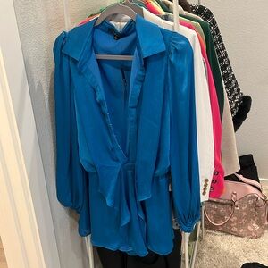 Lulus blue dress, button up front with frills and cuffed wrists